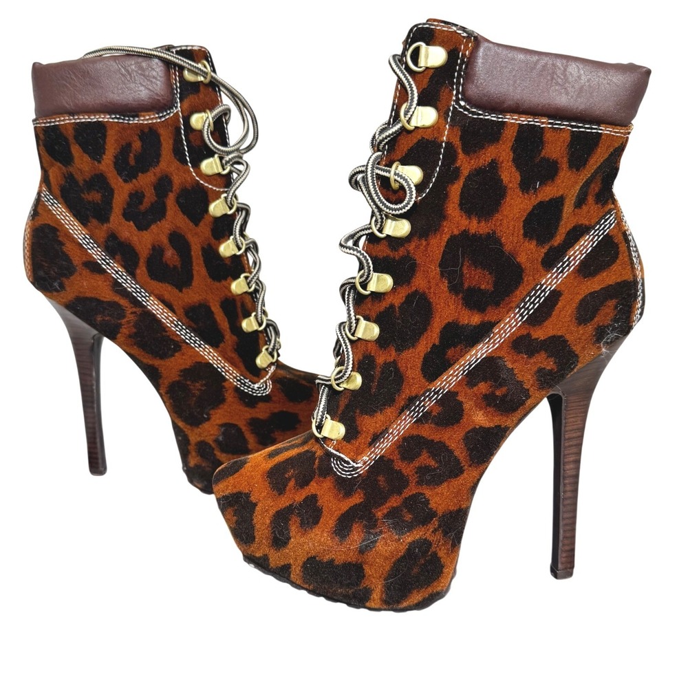 JustFab Leopard Print Platform Ankle Boots Lace Up Stiletto Heel Brown Black